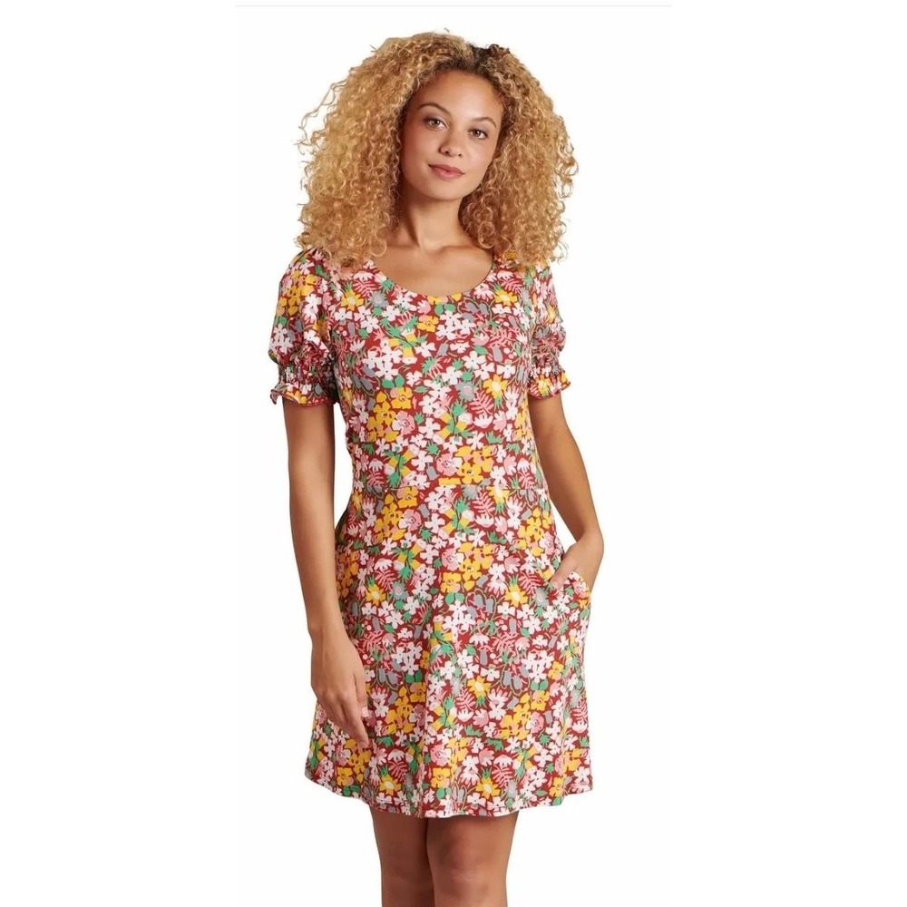 Toad&Co Laurel SS Dress Floral Print Pockets Red Multi Granola Girl Large